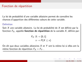 Fonction de répartition
La loi de probabilité d’une variable aléatoire permet de connaı̂tre les
chances d’apparition de...