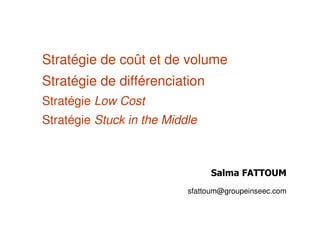 Stratégie de coût et de volume
Stratégie de différenciation
Stratégie Low Cost
Stratégie Stuck in the Middle
Salma FATTOUM
sfattoum@groupeinseec.com
 