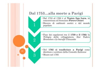 Dal 1753…alla morte a Parigi
1
•Dal 1753 al 1762 è al Teatro San Luca, in
concorrenza col bresciano Pietro Chiari
•Ricerca di ambienti esotici e del mondo
popolare
•Fase dei capolavori tra il 1759 e il 1762: la
2
•Fase dei capolavori tra il 1759 e il 1762: la
Trilogia della villeggiatura, Sior Todero
Brontolon e Le baruffe Chiozzotte
3
•Nel 1762 si trasferisce a Parigi come
direttore e scrittore della Comedie Italienne
•Muore nel 1793
18
 