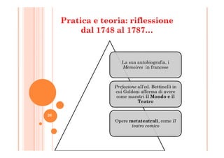 Pratica e teoria: riflessione
dal 1748 al 1787…
La sua autobiografia, i
Memoires in francese
Prefazione all’ed. Bettinelli in
cui Goldoni afferma di avere
come maestri il Mondo e il
Teatro
Opere metateatrali, come Il
teatro comico
20
 