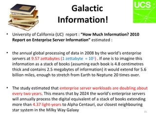 Galactic
Information!
• University of California (UC) report : “How Much Information? 2010
Report on Enterprise Server Information” estimated :
• the annual global processing of data in 2008 by the world’s enterprise
servers at 9.57 zettabytes (1 zettabyte = 1021
) . If one is to imagine this
information as a stack of books (assuming each book is 4.8 centimetres
thick and contains 2.5 megabytes of information) it would extend for 5.6
billion miles, enough to stretch from Earth to Neptune 20 times over.
• The study estimated that enterprise server workloads are doubling about
every two years. This means that by 2024 the world’s enterprise servers
will annually process the digital equivalent of a stack of books extending
more than 4.37 light-years to Alpha Centauri, our closest neighbouring
star system in the Milky Way Galaxy 15
 
