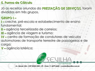 5. Forma de Cálculo Já as receitas oriundas da  PRESTAÇÃO DE SERVIÇOS , foram divididas em três grupos. GRUPO I – I –  creche, pré-escola e estabelecimento de ensino fundamental; II –  agência terceirizada de correios; III –  agência de viagem e turismo; IV –  centro de formação de condutores de veículos automotores de transporte terrestre de passageiros e de carga; V –  agência lotérica; 