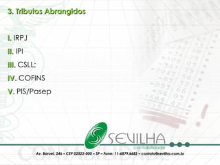 3. Tributos Abrangidos I.  IRPJ II.  IPI III.  CSLL;  IV.  COFINS V.  PIS/Pasep 