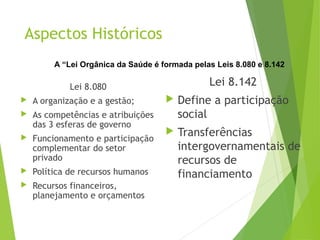 Aspectos Históricos
Lei 8.080
 A organização e a gestão;
 As competências e atribuições
das 3 esferas de governo
 Funcionamento e participação
complementar do setor
privado
 Política de recursos humanos
 Recursos financeiros,
planejamento e orçamentos
Lei 8.142
 Define a participação
social
 Transferências
intergovernamentais de
recursos de
financiamento
A “Lei Orgânica da Saúde é formada pelas Leis 8.080 e 8.142
 