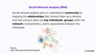 Social Network Analysis (SNA)
7
Social network analysis aims to understand a community by
mapping the relationships that connect them as a network,
and then trying to draw out key individuals, groups within the
network (‘components’), and/or associations between the
individuals.
Source:
https://digi.uga.edu/network-graphs/
 