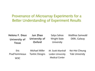 Provenance of Microarray Experiments for a
Better Understanding of Experiment Results
Helena F. Deus
University of
Texas
Jun Zhao
University of
Oxford
Satya Sahoo
Wright State
University
Matthias Samwald
DERI, Galway
Eric
Prud’hommeaux
W3C
Michael Miller
Tantric Designs
M. Scott Marshall
Leiden University
Medical Center
Kei-Hoi Cheung
Yale University
 
