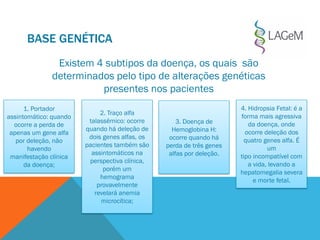 BASE GENÉTICA
Existem 4 subtipos da doença, os quais são
determinados pelo tipo de alterações genéticas
presentes nos pacientes
1. Portador
assintomático: quando
ocorre a perda de
apenas um gene alfa
por deleção, não
havendo
manifestação clínica
da doença;
2. Traço alfa
talassêmico: ocorre
quando há deleção de
dois genes alfas, os
pacientes também são
assintomáticos na
perspectiva clínica,
porém um
hemograma
provavelmente
revelará anemia
microcítica;
3. Doença de
Hemoglobina H:
ocorre quando há
perda de três genes
alfas por deleção.
4. Hidropsia Fetal: é a
forma mais agressiva
da doença, onde
ocorre deleção dos
quatro genes alfa. É
um
tipo incompatível com
a vida, levando a
hepatomegalia severa
e morte fetal.
 