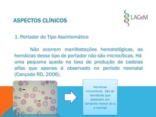 ASPECTOS CLÍNICOS
1. Portador do Tipo Assintomático
Não ocorrem manifestações hematológicas, as
hemácias desse tipo de portador não são microcíticas. Há
uma pequena queda na taxa de produção de cadeias
alfas que apenas é observado no período neonatal
(Cançado RD, 2006).
Hemácias
microcíticas: são as
hemácias que
possuem um
tamanho menor do q
o normal
 