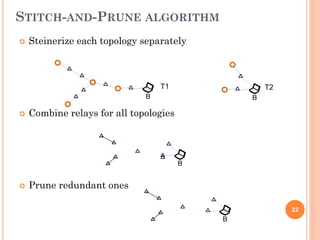STITCH-AND-PRUNE ALGORITHM
   Steinerize each topology separately



                                 T1       T2


   Combine relays for all topologies




   Prune redundant ones

                                               22
 