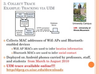 3. COLLECT TRACE
EXAMPLE: TRACKING VIA UIM


                                                    University Campus
                                                     UIM – University of
                                                     Illinois Movement




   Collects MAC addresses of Wifi APs and Bluetooth-
    enabled devices
        Wifi AP MACs are used to infer location information
        Bluetooth MACs are used to infer social contact

 Deployed on Android phones carried by professors, staff,
  and students from March to August 2010
 UIM trace available online!!!!
  http://dprg.cs.uiuc.edu/downloads
 