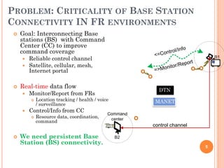 PROBLEM: CRITICALITY OF BASE STATION
CONNECTIVITY IN FR ENVIRONMENTS
    Goal: Interconnecting Base
     stations (BS) with Command
     Center (CC) to improve
     command coverage
        Reliable control channel
        Satellite, cellular, mesh,
         Internet portal

    Real-time data flow
                                                    DTN
        Monitor/Report from FRs
            Location tracking / health / voice    MANET
             / surveillance
        Control/Info from CC
            Resource data, coordination,
             command
                                                  control channel

    We need persistent Base
     Station (BS) connectivity.
                                                                    5
 