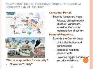 SMART POWER GRID OF TOMORROW: CONTROL OF ELECTRICAL
EQUIPMENT AND AN OPEN GRID

                                 Consumer Portal:
                                 • Security issues are huge
                                    – Privacy, billing integrity,
                                      Mischief, vandalism,
                                      intrusion, Consumer
                                      manipulation of system
                                 Demand Response:
                                 • Extends the Control Loop
                                    – Links distribution and
                                      transmission
                                    – Increases real time
                                      requirements
                                    – Provides bigger surface for
Who is responsible for security?      security violations
• Consumer? Utility?
                                                   51
 