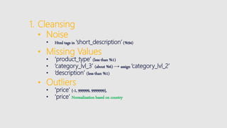 1. Cleansing
• Noise
• Html tags in ‘short_description’ (%94)
• Missing Values
• ‘product_type’ (less than %1)
• ‘category_lvl_3’ (about %6) → assign ‘category_lvl_2’
• ‘description’ (less than %1)
• Outliers
• ‘price’ {-1, 999999, 9999999},
• ‘price’ Normalization based on country
 