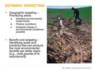 DEFINING TARGETING
• Geographic targeting –
Prioritizing areas:
a. Greatest environmental
impairments
b. Pristine conditions
c. Greatest change in
environmental conditions
possible
• Benefit-cost targeting –
Identifying acres and
practices that can produce
the most environmental
benefits per dollar spent
(e.g., most pounds of N
reductions/$)
 