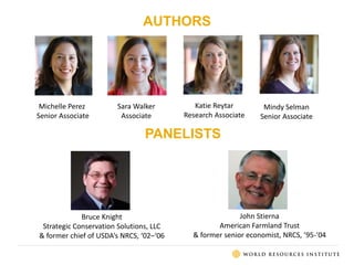 AUTHORS
Bruce Knight
Strategic Conservation Solutions, LLC
& former chief of USDA’s NRCS, ‘02–‘06
John Stierna
American Farmland Trust
& former senior economist, NRCS, ’95-’04
Michelle Perez
Senior Associate
Mindy Selman
Senior Associate
Sara Walker
Associate
Katie Reytar
Research Associate
PANELISTS
 