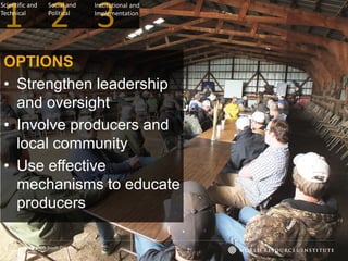 Scientific and
Technical
OPTIONS
• Strengthen leadership
and oversight
• Involve producers and
local community
• Use effective
mechanisms to educate
producers
Image: NRCS South Dakota
Social and
Political
Institutional and
Implementation
 