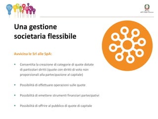 Avvicina le Srl alle SpA:
 Consentita la creazione di categorie di quote dotate
di particolari diritti (quote con diritti di voto non
proporzionali alla partecipazione al capitale)
 Possibilità di effettuare operazioni sulle quote
 Possibilità di emettere strumenti finanziari partecipativi
 Possibilità di offrire al pubblico di quote di capitale
Una gestione
societaria flessibile
 