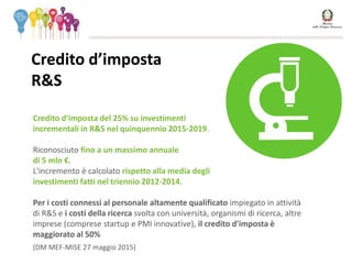 Credito d'imposta del 25% su investimenti
incrementali in R&S nel quinquennio 2015-2019.
Riconosciuto fino a un massimo annuale
di 5 mln €.
L'incremento è calcolato rispetto alla media degli
investimenti fatti nel triennio 2012-2014.
Per i costi connessi al personale altamente qualificato impiegato in attività
di R&S e i costi della ricerca svolta con università, organismi di ricerca, altre
imprese (comprese startup e PMI innovative), il credito d'imposta è
maggiorato al 50%
(DM MEF-MISE 27 maggio 2015)
Credito d’imposta
R&S
 