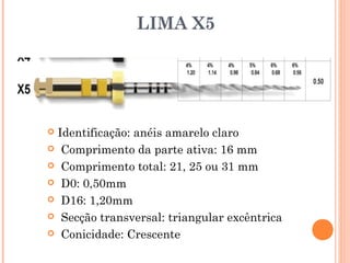 LIMA X5
 Identificação: uma estria (anel) amarelo claro
 Comprimento da parte ativa: 16 mm
 Comprimento total: 21, 25 ou 31 mm
 D0: 0,50mm
 D16: 1,20mm
 Secção transversal: retangular excêntrica
 Conicidade: Crescente
(PEREIRA et al., 2013).
 