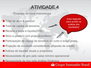 ATIVIDADE 4
          Proposta de nova metodologia
                                                    Inclui legenda
  Total de ativo e passivo                          para auxílio na
                                                     análise dos
  Total de capital de terceiros                       resultados!
  Receita e bruta e líquida(DRE)
  Ativo e passivo com projeção(reflexo)
  Participação de capital de terceiros no curto e longo prazo.
  Projeção de resultado considerando proposta de crédito
  Índices de liquidez atuais e projetados
  Necessidade de giro pelo caixa mínimo operacional
  Necessidade de giro pela Análise Dinâmica
Uso Interno
 