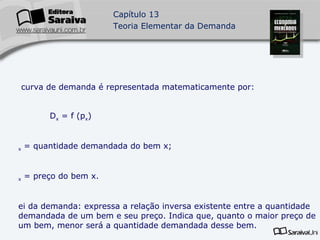 A curva de demanda é representada matematicamente por: D x  = f (p x ) D x  = quantidade demandada do bem x; P x  = preço do bem x. Lei da demanda: expressa a relação inversa existente entre a quantidade demandada de um bem e seu preço. Indica que, quanto o maior preço de um bem, menor será a quantidade demandada desse bem. 