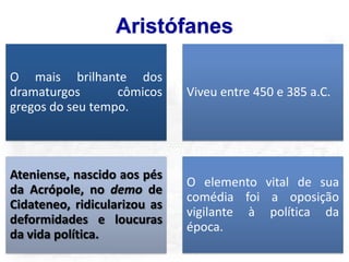 Aristófanes

O mais brilhante dos
dramaturgos       cômicos     Viveu entre 450 e 385 a.C.
gregos do seu tempo.



Ateniense, nascido aos pés
                              O elemento vital de sua
da Acrópole, no demo de
                              comédia foi a oposição
Cidateneo, ridicularizou as
                              vigilante à política da
deformidades e loucuras
                              época.
da vida política.
 