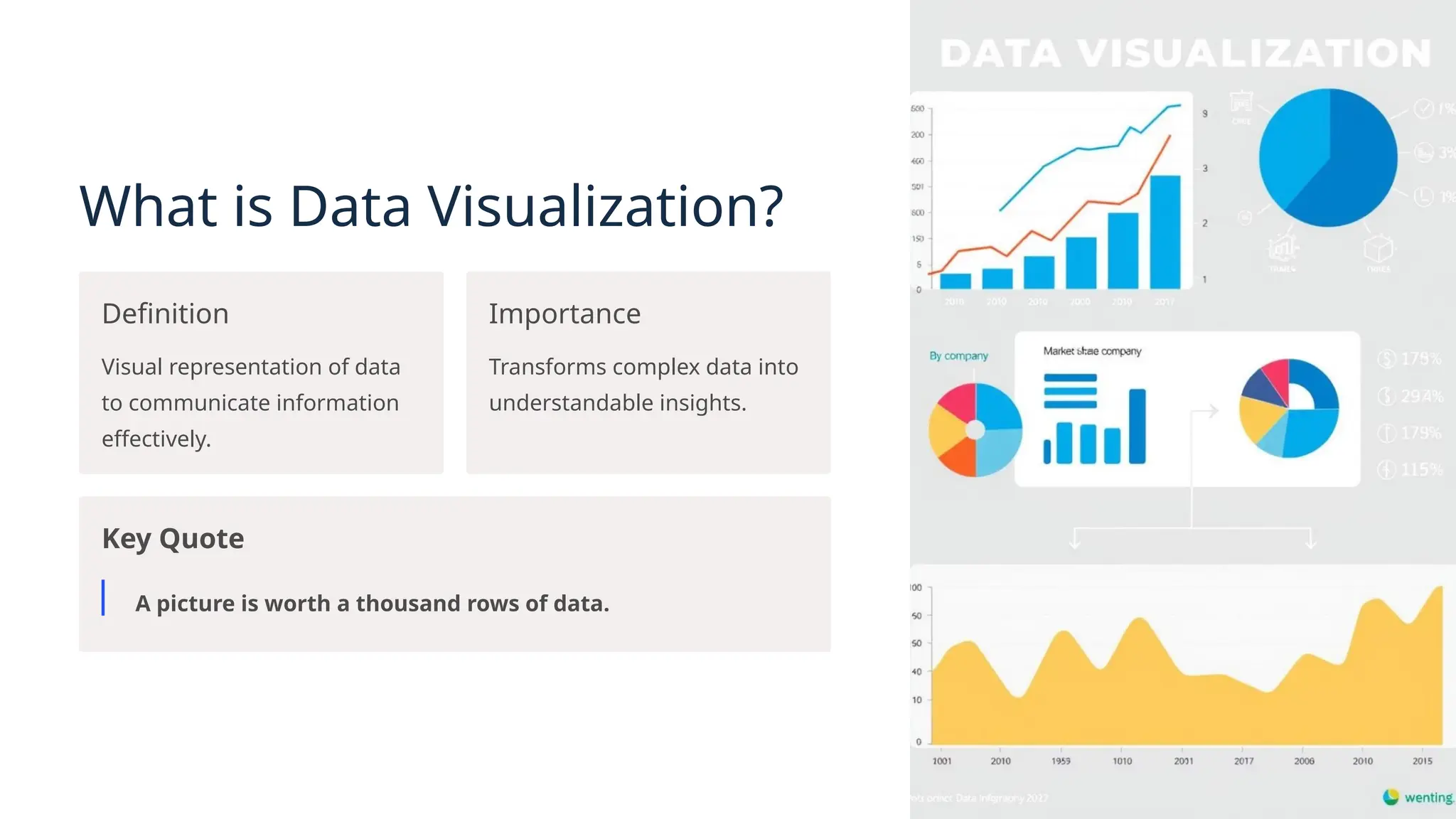What is Data Visualization?
Definition
Visual representation of data
to communicate information
effectively.
Importance
Transforms complex data into
understandable insights.
Key Quote
A picture is worth a thousand rows of data.
 