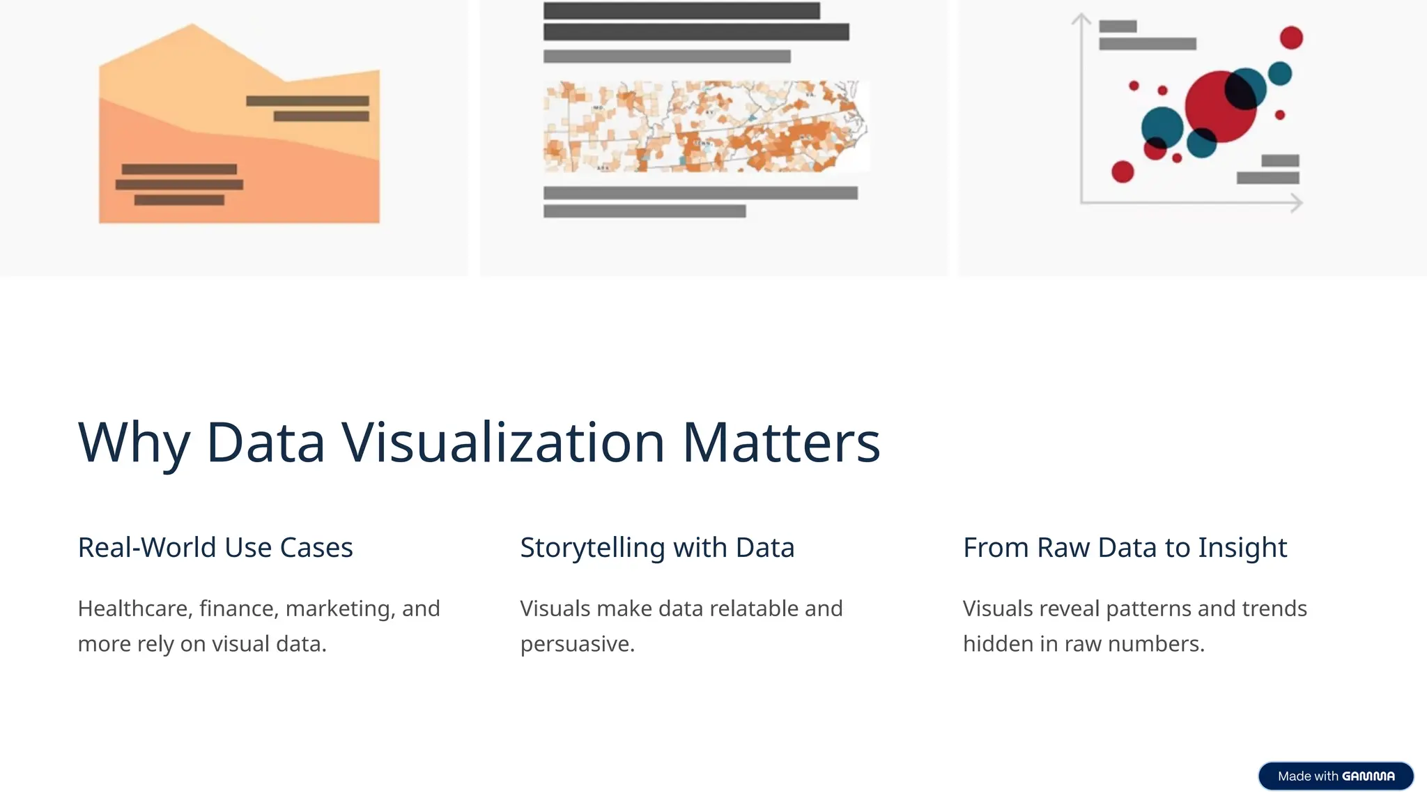 Why Data Visualization Matters
Real-World Use Cases
Healthcare, finance, marketing, and
more rely on visual data.
Storytelling with Data
Visuals make data relatable and
persuasive.
From Raw Data to Insight
Visuals reveal patterns and trends
hidden in raw numbers.
 