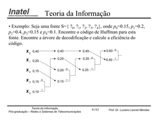 Teoria da Informação
• Exemplo: Seja uma fonte S={ ?0, ?1, ?2, ?3, ?4}, onde p0=0.15, p1=0.2,
p2=0.4, p3=0.15 e p4=0.1. Encontre o código de Huffman para esta
fonte. Encontre a árvore de decodificação e calcule a eficiência do
código.
            ξ2   0,40              0,40                0,40           0,60   0



            ξ1   0,20
                                   0,25                0,35   0
                                                                      0,40
                                                                             1




            ξ0   0,15              0,20   0            0,25   1



            ξ3   0,15
                        0
                                   0,15
                                          1



            ξ4   0,10
                        1




                Teoria da Informação                          41/62    Prof. Dr. Luciano Leonel Mendes
Pós-graduação – Redes e Sistemas de Telecomunicações
 
