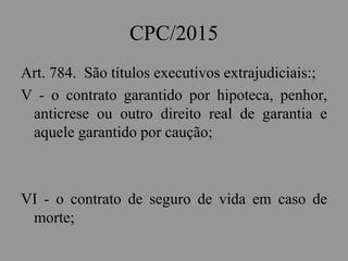 CPC/2015
Art. 784. São títulos executivos extrajudiciais:;
V - o contrato garantido por hipoteca, penhor,
anticrese ou outro direito real de garantia e
aquele garantido por caução;
VI - o contrato de seguro de vida em caso de
morte;
 