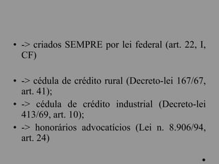• -> criados SEMPRE por lei federal (art. 22, I,
CF)
• -> cédula de crédito rural (Decreto-lei 167/67,
art. 41);
• -> cédula de crédito industrial (Decreto-lei
413/69, art. 10);
• -> honorários advocatícios (Lei n. 8.906/94,
art. 24)
.
 