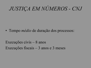 JUSTIÇA EM NÚMEROS - CNJ
• Tempo médio de duração dos processos:
Execuções civis – 8 anos
Execuções fiscais – 3 anos e 3 meses
 