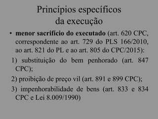 Princípios específicos
da execução
• menor sacrifício do executado (art. 620 CPC,
correspondente ao art. 729 do PLS 166/2010,
ao art. 821 do PL e ao art. 805 do CPC/2015):
1) substituição do bem penhorado (art. 847
CPC);
2) proibição de preço vil (art. 891 e 899 CPC);
3) impenhorabilidade de bens (art. 833 e 834
CPC e Lei 8.009/1990)
 