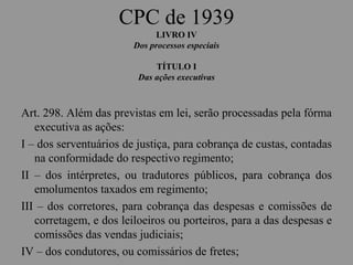 CPC de 1939
LIVRO IV
Dos processos especiais
TÍTULO I
Das ações executivas
Art. 298. Além das previstas em lei, serão processadas pela fórma
executiva as ações:
I – dos serventuários de justiça, para cobrança de custas, contadas
na conformidade do respectivo regimento;
II – dos intérpretes, ou tradutores públicos, para cobrança dos
emolumentos taxados em regimento;
III – dos corretores, para cobrança das despesas e comissões de
corretagem, e dos leiloeiros ou porteiros, para a das despesas e
comissões das vendas judiciais;
IV – dos condutores, ou comissários de fretes;
 