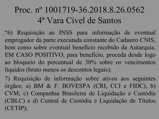 Proc. nº 1001719-36.2018.8.26.0562
4ª Vara Cível de Santos
“6) Requisição ao INSS para informação de eventual
empregador da parte executada constante do Cadastro CNIS,
bem como sobre eventual benefício recebido da Autarquia.
EM CASO POSITIVO, para benefício, proceda desde logo
ao bloqueio do percentual de 30% sobre os vencimentos
líquidos (bruto menos os descontos legais);
7) Requisição de informação sobre ativos aos seguintes
órgãos: a) BM & F. BOVESPA (CRI, CCI e FIDC); b)
CVM; c) Companhia Brasileira de Liquidação e Custódia
(CBLC) e d) Central de Custódia e Liquidação de Títulos
(CETIP);
 