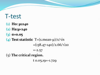 T-test
(1) Ho: µ≥140
(2) Ha:µ<140
(3) α=0.05
(4) Test statistic T=(s.mean-µ)/s/√n
=(138.47-140)/2.66/√20
=-2.57
(5) The critical region.
t 0.05,19=-1.729
 
