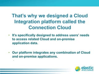 That’s why we designed a Cloud Integration platform called the Connection CloudIt’s specifically designed to address users’ needs to access related Cloud and on-premise application data. Our platform integrates any combination of Cloud and on-premise applications..