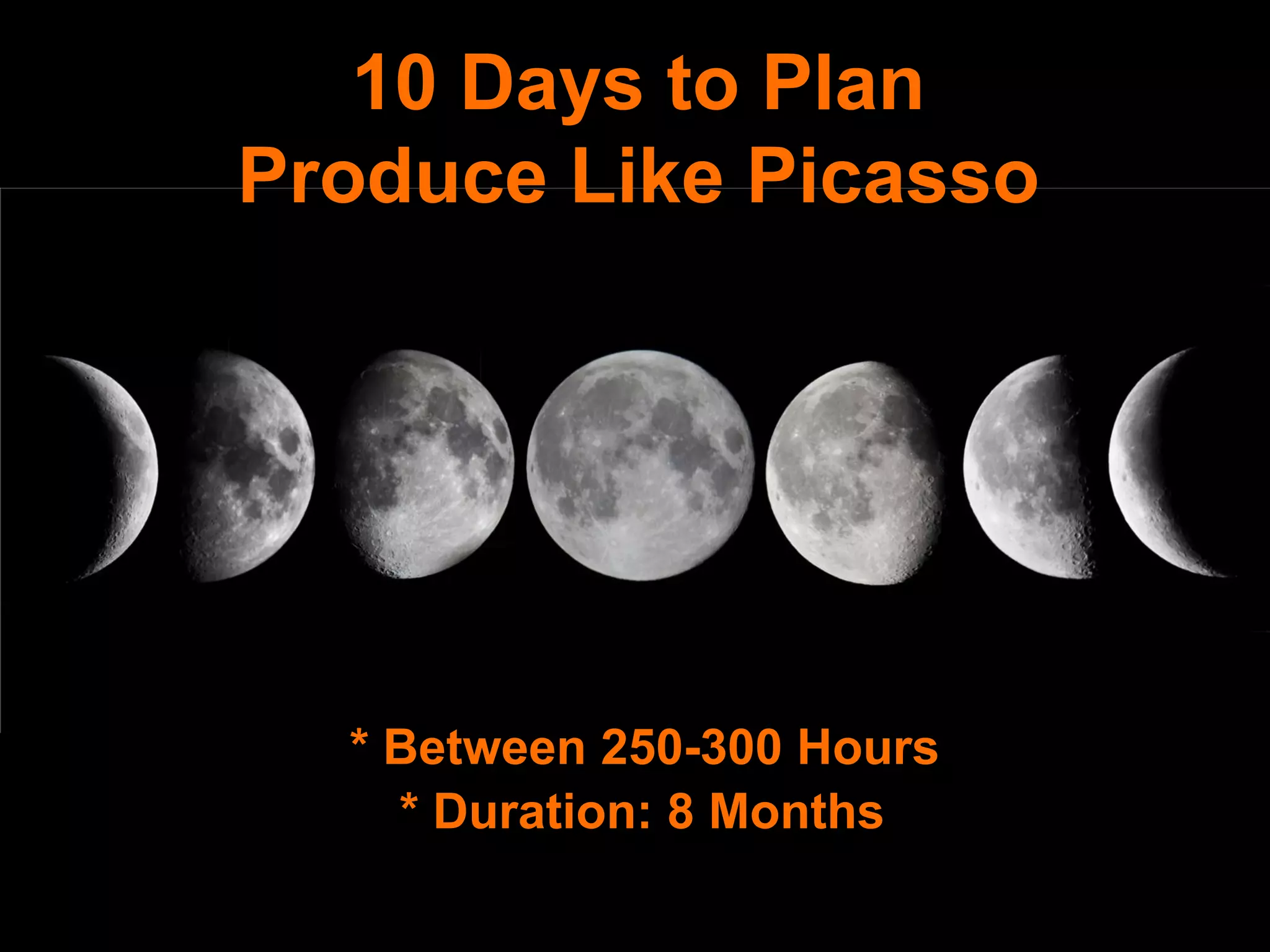 10 Days to Plan
Produce Like Picasso
* Between 250-300 Hours
* Duration: 8 Months
 