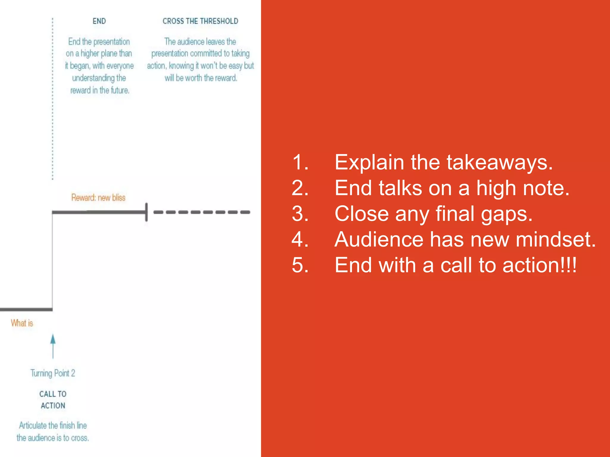 1. Explain the takeaways.
2. End talks on a high note.
3. Close any final gaps.
4. Audience has new mindset.
5. End with a call to action!!!
 