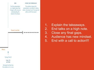 1. Explain the takeaways.
2. End talks on a high note.
3. Close any final gaps.
4. Audience has new mindset.
5. End with a call to action!!!
 