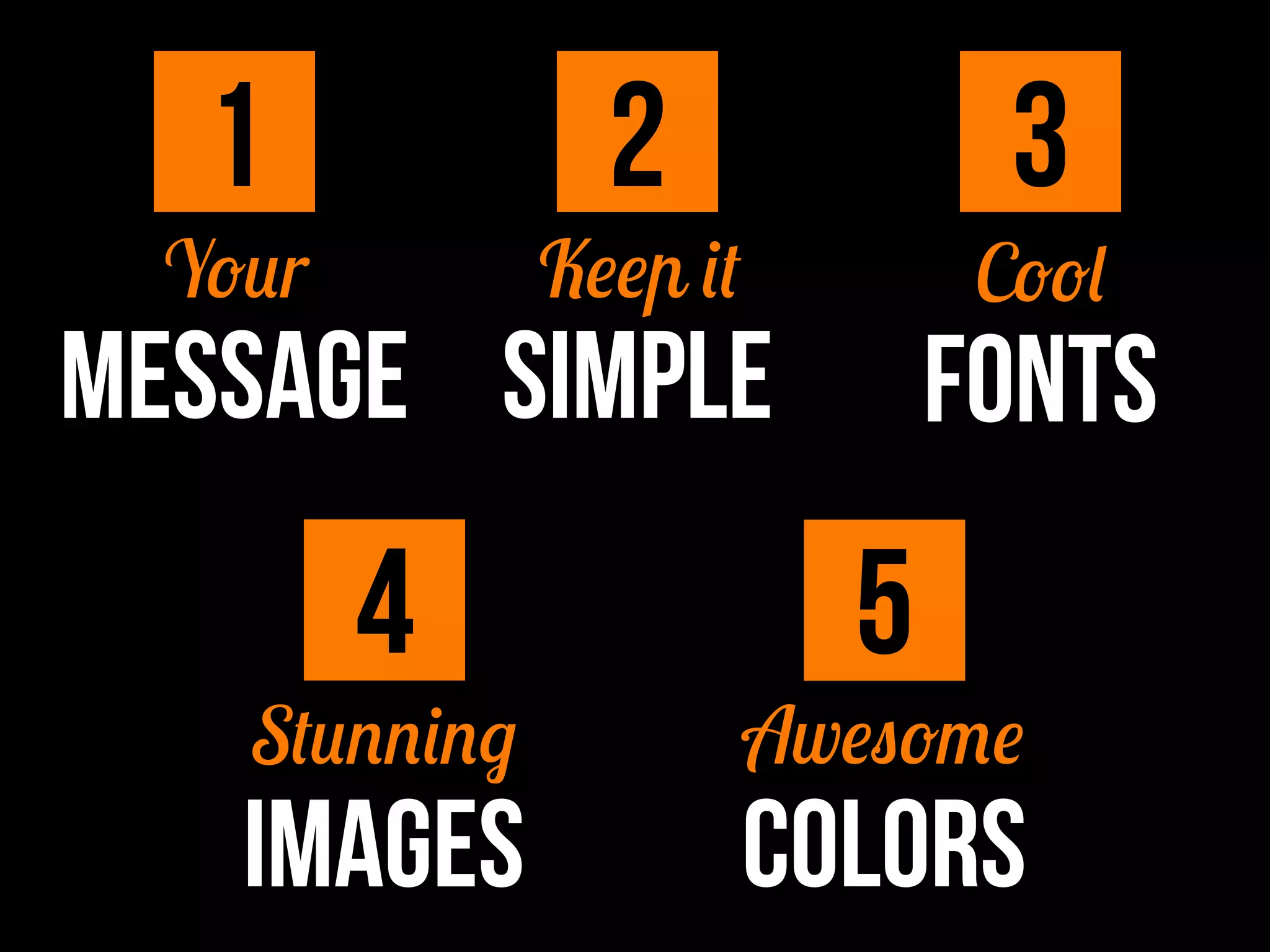 1 2 3
Your Keep it Cool
MESSAGE SIMPLE FONTS
4 5
Stunning Awesome
IMAGES COLORS