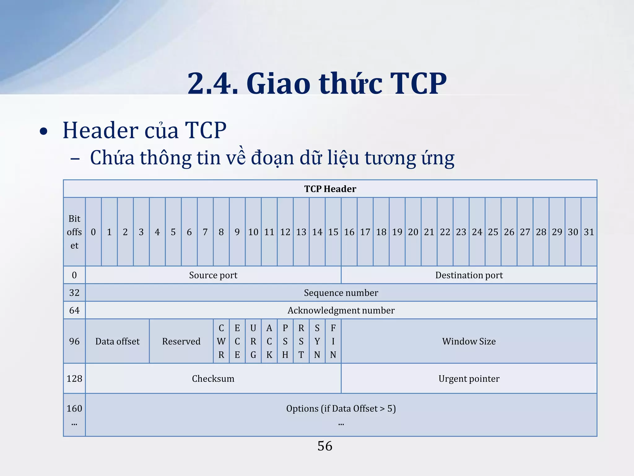 2.4. Giao thức TCP
• Header của TCP
– Chứa thông tin về đoạn dữ liệu tương ứng
TCP Header
Bit
offs 0
et

1

2

3

0

4

5

6

7

8

9 10 11 12 13 14 15 16 17 18 19 20 21 22 23 24 25 26 27 28 29 30 31

Source port

Destination port

32

Sequence number

64

Acknowledgment number

96

128
160
...

Data offset

Reserved

C E
W C
R E

U
R
G

A P R S F
C S S Y I
K H T N N

Checksum

Window Size

Urgent pointer
Options (if Data Offset > 5)
...

56

 