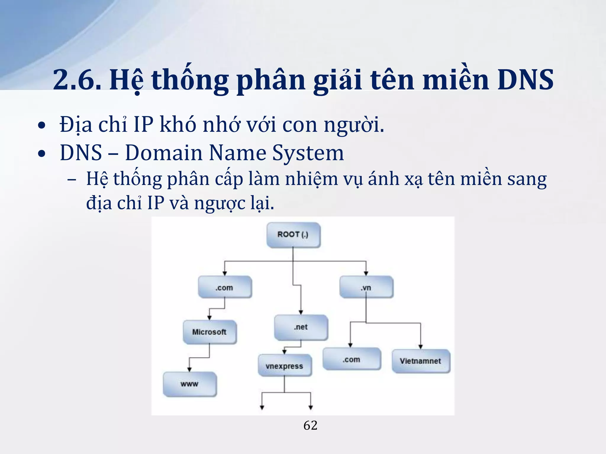 2.6. Hệ thống phân giải tên miền DNS
• Địa chỉ IP khó nhớ với con người.
• DNS – Domain Name System
– Hệ thống phân cấp làm nhiệm vụ ánh xạ tên miền sang
địa chỉ IP và ngược lại.

62

 