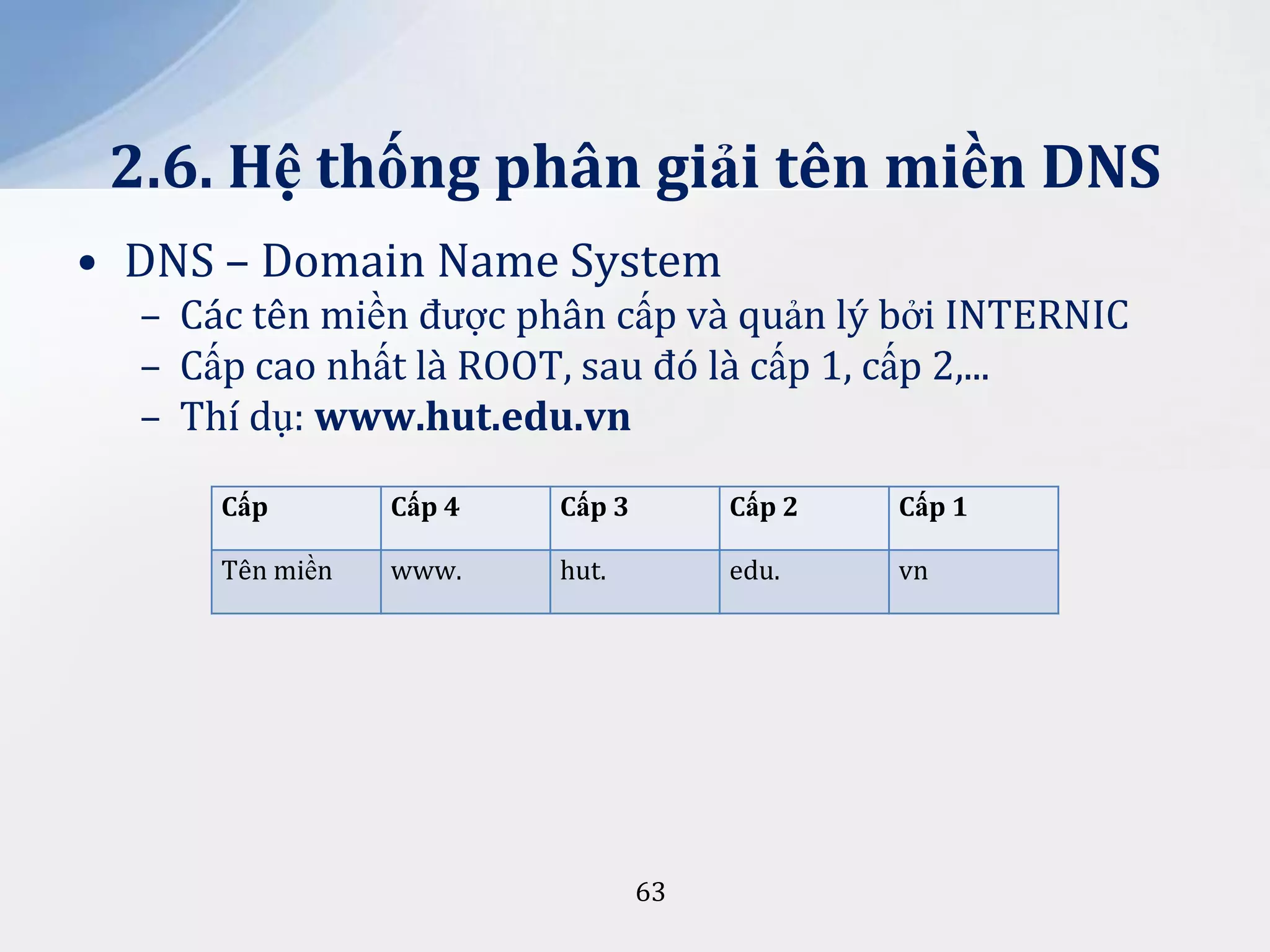 2.6. Hệ thống phân giải tên miền DNS
• DNS – Domain Name System
– Các tên miền được phân cấp và quản lý bởi INTERNIC
– Cấp cao nhất là ROOT, sau đó là cấp 1, cấp 2,...
– Thí dụ: www.hut.edu.vn
Cấp

Cấp 4

Cấp 3

Cấp 2

Cấp 1

Tên miền

www.

hut.

edu.

vn

63

 