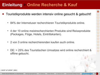 Einleitung > Online Recherche & Kauf

   Touristikprodukte werden intensiv online gesucht & gebucht!

           ▪    84% der Internetuser recherchieren Touristikprodukte online.

           ▪    4 der 10 online meistrecherchierten Produkte sind Reiseprodukte
                (Packages, Flüge, Hotels, Eintrittskarten).

           ▪    2 von 3 online recherchierenden kaufen auch online.

           ▪    DE: > 25% des Touristischen Umsatzes wird online recherchiert &
                offline gebucht.




[ AGOF & FUR/NIT: 2009 ]

| Online Social Networks und Zauchensee | Befragungsergebnisse | FH Salzburg | Stefan Reindl | 9. Februar 2010 | Zauchensee Holiday Pearls |   |   |
 