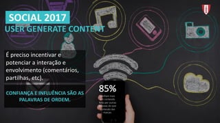 É	preciso	incentivar	e	
potenciar	a	interação	e	
envolvimento	(comentários,	
partilhas,	etc).
USER	GENERATE	CONTENT
SOCIAL	2017
CONFIANÇA	E	INFLUÊNCIA	SÃO	AS	
PALAVRAS	DE	ORDEM.
85%	
confiam	mais	
em	conteúdo	
feito	por	outras	
pessoas	do	que	
conteúdo	das	
marcas.
 