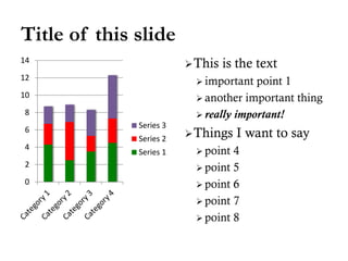 0
2
4
6
8
10
12
14
Series 3
Series 2
Series 1
Title of this slide
This is the text
 important point 1
 another important thing
 really important!
Things I want to say
 point 4
 point 5
 point 6
 point 7
 point 8
 