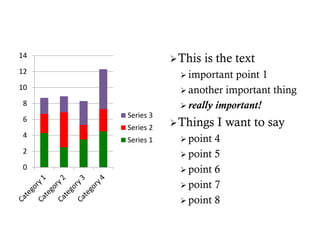 0
2
4
6
8
10
12
14
Series 3
Series 2
Series 1
This is the text
 important point 1
 another important thing
 really important!
Things I want to say
 point 4
 point 5
 point 6
 point 7
 point 8
 