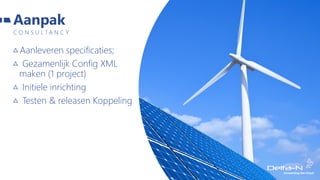 Aanleveren specificaties;
Gezamenlijk Config XML
maken (1 project)
Initiele inrichting
Testen & releasen Koppeling
C O N S U L T A N C Y
Aanpak
 