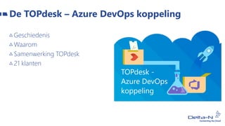 Geschiedenis
Waarom
Samenwerking TOPdesk
21 klanten
De TOPdesk – Azure DevOps koppeling
 